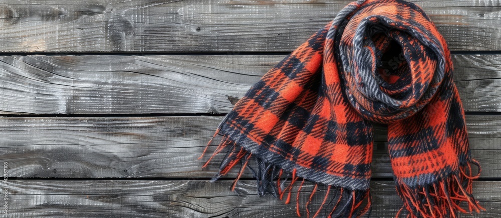 Poster checkered scarf on wood surface with gray background ample copy space image