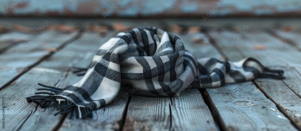 Poster Checkered scarf on wood surface with gray background ample copy space image