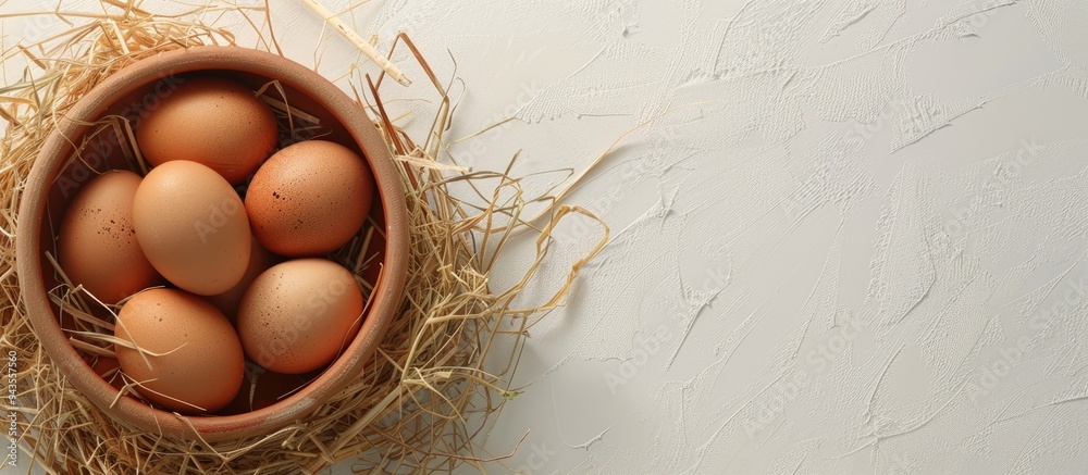 Poster A bowl with fresh chicken eggs sits on a table with dried straw creating a rustic appearance on a white background in a copy space image