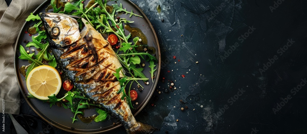 Poster Top view of grilled mackerel fish with greens and lemon on a plate against a dark background offering a blank area for text or graphics in the image. Creative banner. Copyspace image