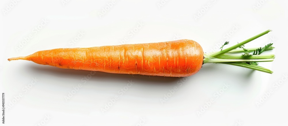 Poster Isolated on white background with clipping path top view of a single orange carrot is featured in a copy space image