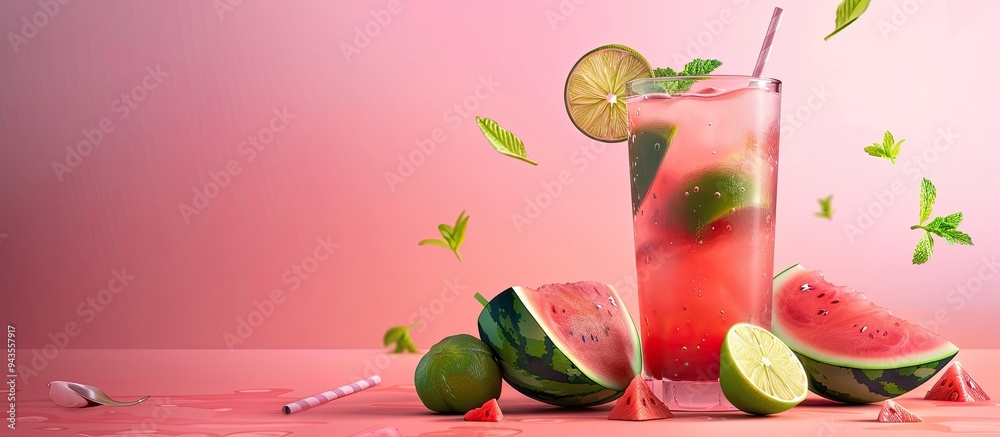 Aufkleber fresh watermelon lemonade garnished with lime and mint displayed on a vibrant backdrop with copy spa