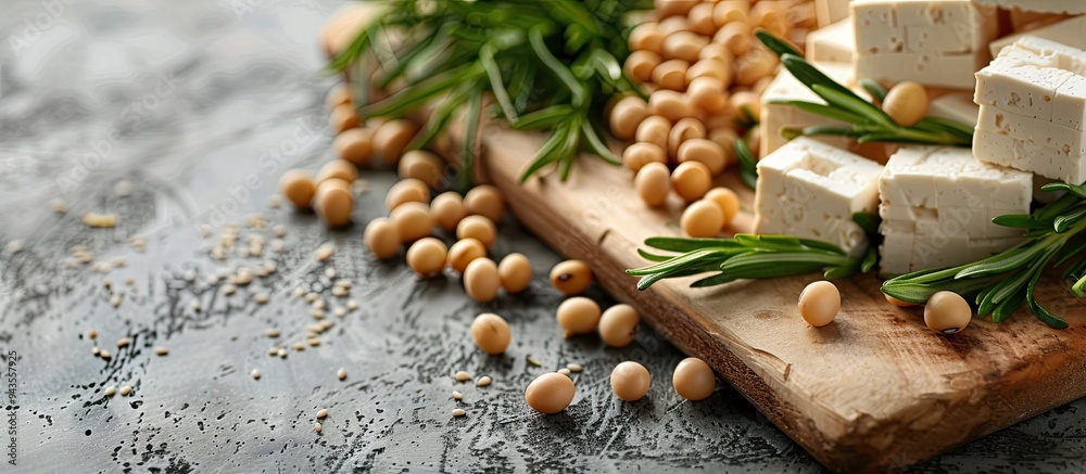 Poster appealing combination of tofu soybeans and rosemary displayed on a textured table ideal for a banner