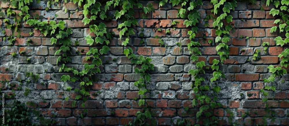 Poster old brick wall adorned with ivy creating a picturesque copy space image