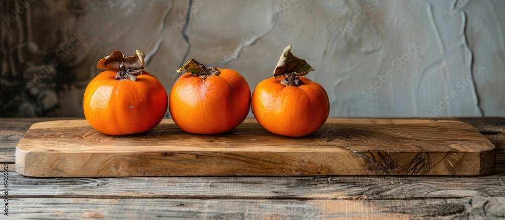 Aufkleber Wooden board featuring luscious ripe persimmons with a background suitable for adding text or graphics copy space image