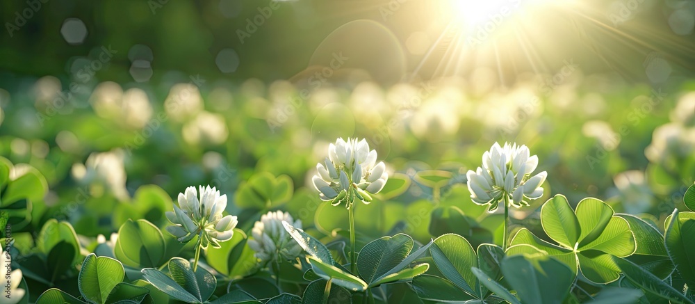 Poster a serene summer scene with green leaves and a white flower in the soft evening sunlight perfect for 