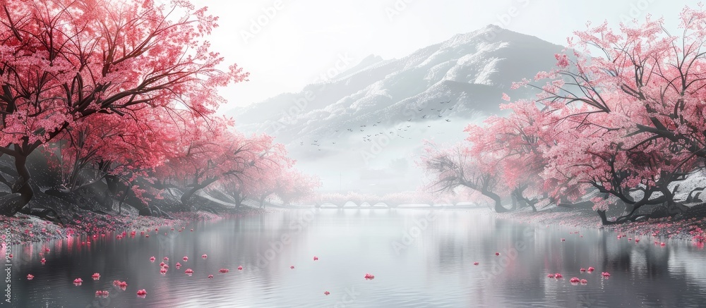 Aufkleber scenic view of a landscape lined with japanese cherry blossom trees ideal for adding copy space imag