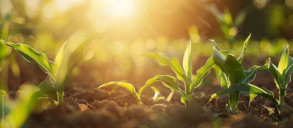 Poster close up view of young corn plants in a field with the natural sunlight in the background portraying