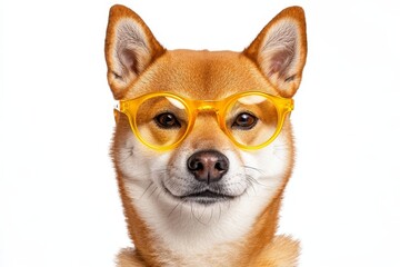 Isolated on a summer background, a smiling puppy dog Shiba Inu wearing sunglasses and a summertime costume, pets summertime, a lovely dog on vacation.