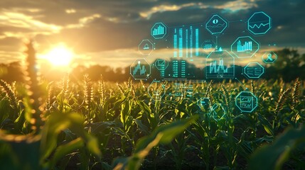 Sunset over cornfield with digital agricultural analytics overlay.