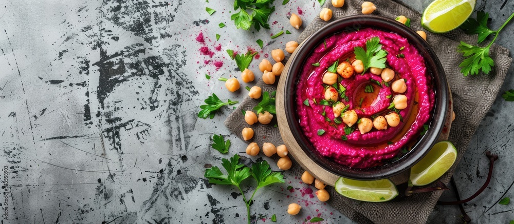 Leinwandbilder bowl of flavorful beet hummus with chickpeas garnished with lime and parsley on a textured grey tabl