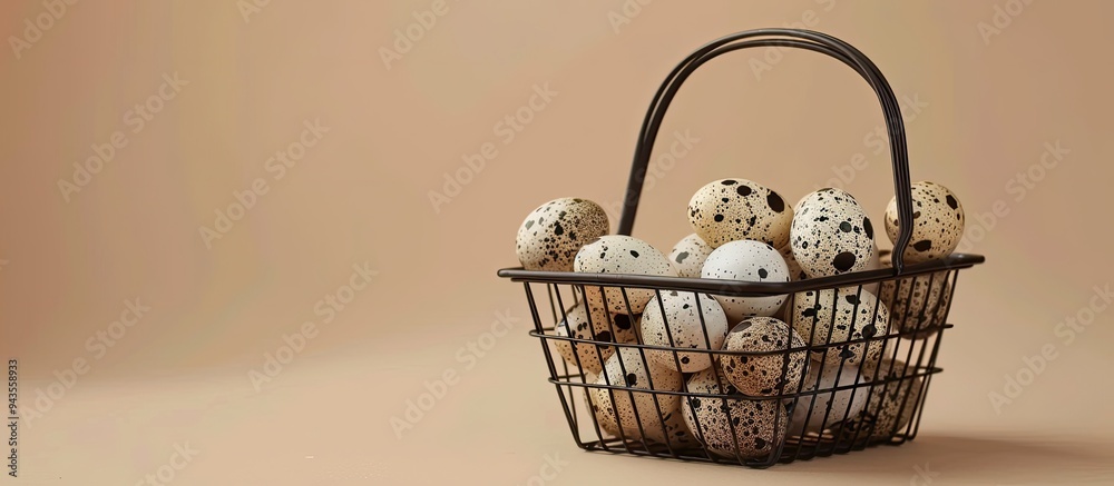 Aufkleber fresh quail eggs in shopping basket on beige backdrop with copy space image