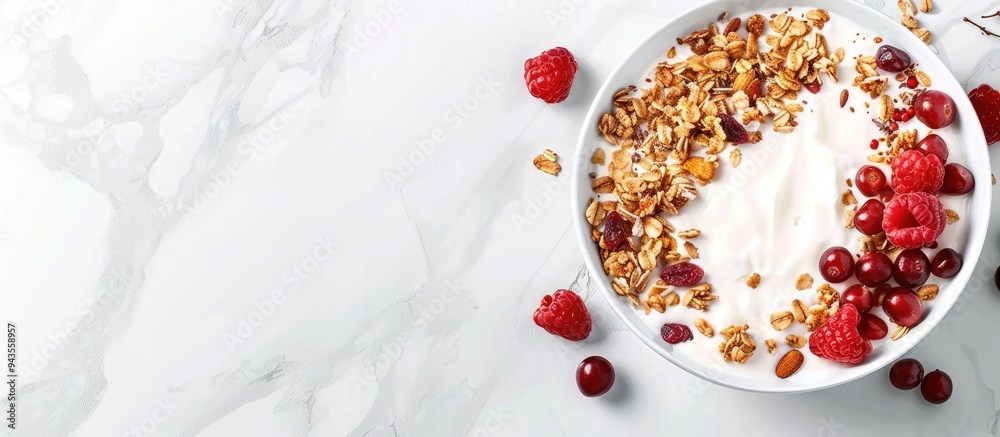 Poster delicious granola with fruits and yogurt on a white marble surface banner layout with room for text 
