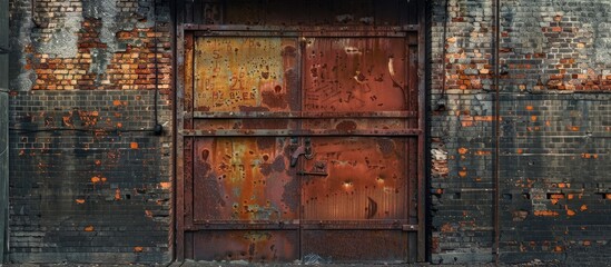 A textured wallpaper with an industrial theme showcases a close up image of an old rusty garage gate in an abandoned warehouse setting offering ample copy space