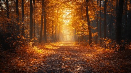 Fototapeta premium Golden leaves blanket a tranquil path through a serene forest during autumn's vibrant glow