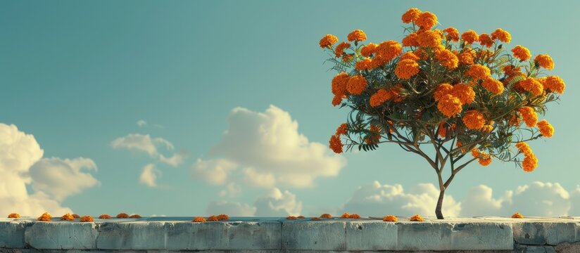 Marigold tree on a rooftop with orange flowers provides a captivating copy space image