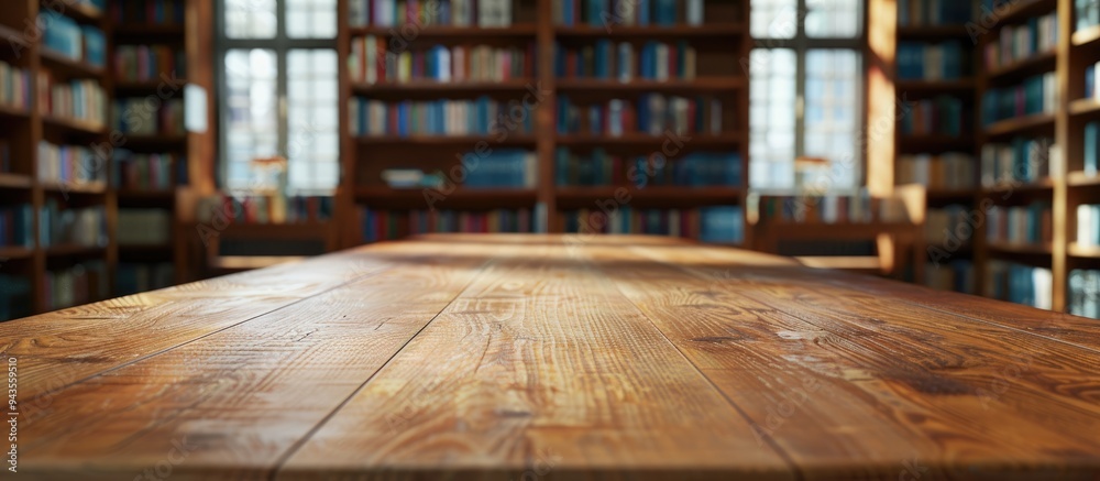Poster A wooden table with no items on top set against a library backdrop at a school provides space for product advertisements along with a display of lovely library books. Creative banner. Copyspace image