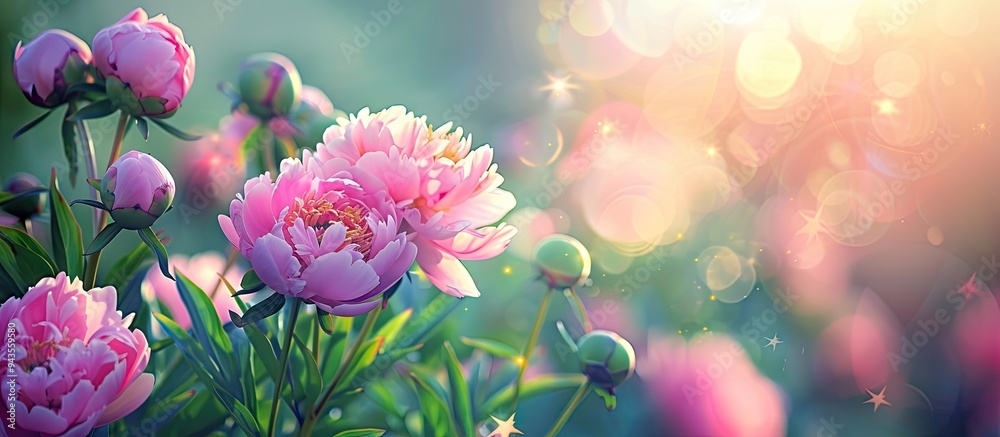 Aufkleber a beautiful close up image of pink peonies blooming in a spring garden with a green background and l