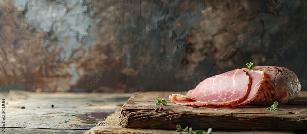 Aufkleber Fresh ham slice on a rustic table with copy space image in the background
