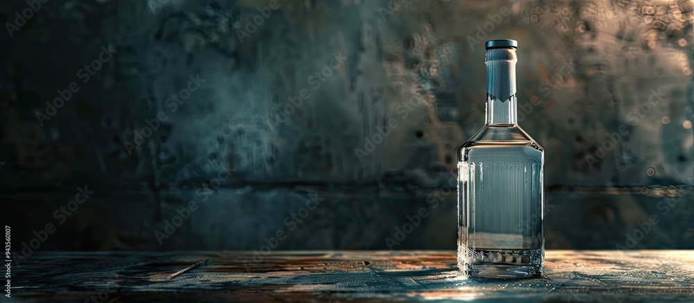 Poster Close up view of a bottle of vodka on a dark table with a designated copy space image included