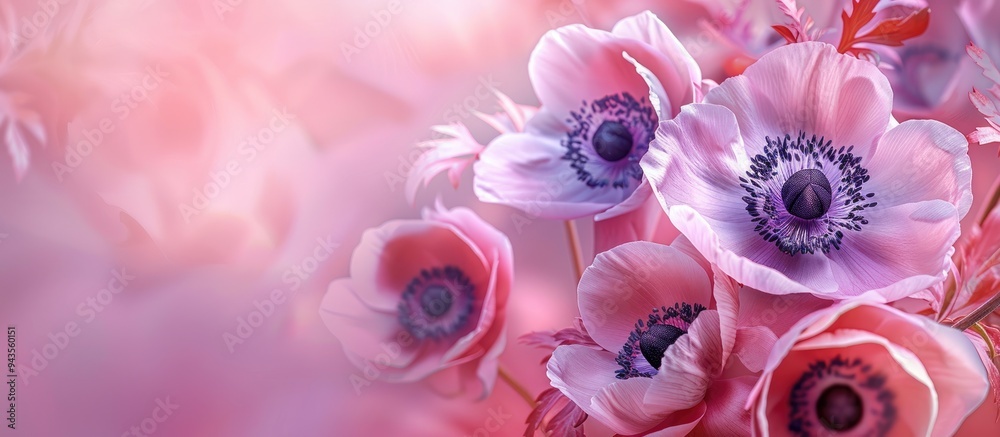 Poster a romantic composition featuring fragile anemone peony blooms on a bright backdrop ideal for a weddi