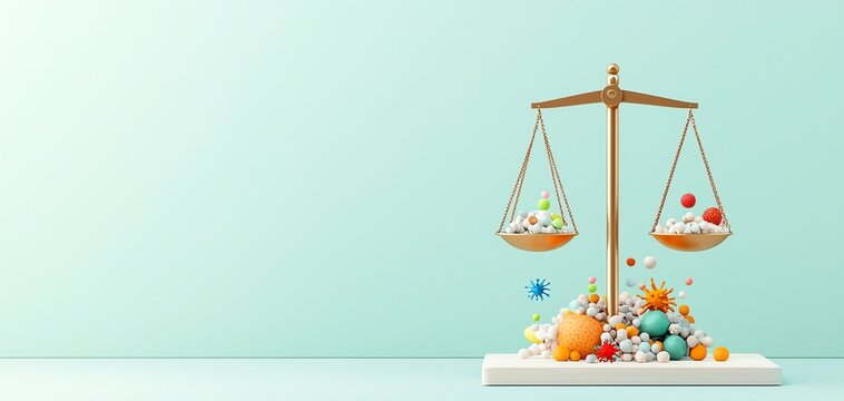 An illustration showing a balance scale with beneficial bacteria on one side and harmful bacteria on the other, symbolizing microbiome balance Microbiome balance concept.