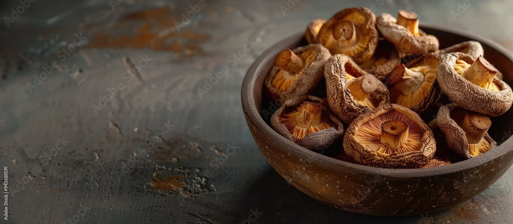 Poster dried shiitake mushrooms prepared as a snack on a table with a food background and copy space image 