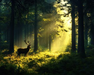 A majestic deer stands in sun-drenched forest, surrounded by lush greenery and soft light filtering through tall trees.