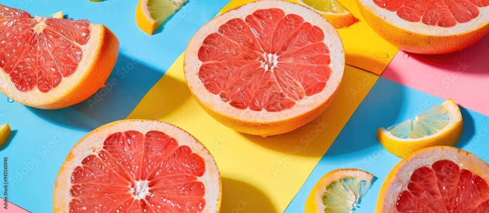 Fototapete top view of a juicy grapefruit with slices on a colorful background a creative summer concept with h