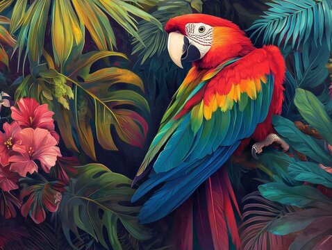 Colorful parrot in a tropical setting 