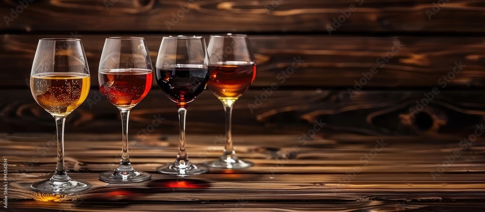 Poster Various delectable liqueurs displayed in glasses on a rustic wooden table with available space for a text overlay on a copy space image