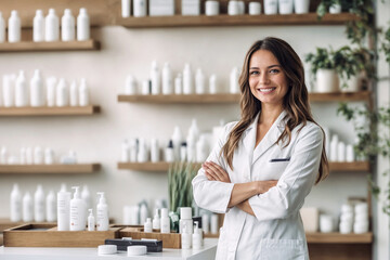 Female skincare professional, pharmacist, or beauty consultant in white lab coat, standing confidently in modern beauty or skincare store by shelves with products