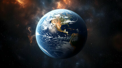 A detailed view of Earth from space with clouds, oceans, and landmasses, set against a backdrop of twinkling stars and a nebula.