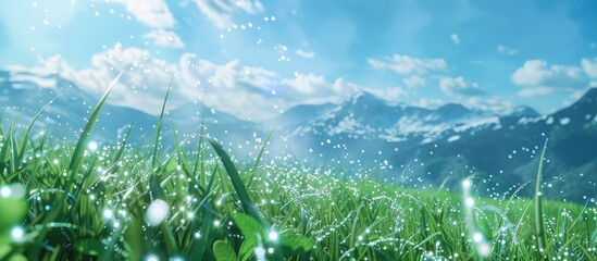 Mountain landscape with green grass background sparkling water droplets and a blue sky creating a serene copy space image
