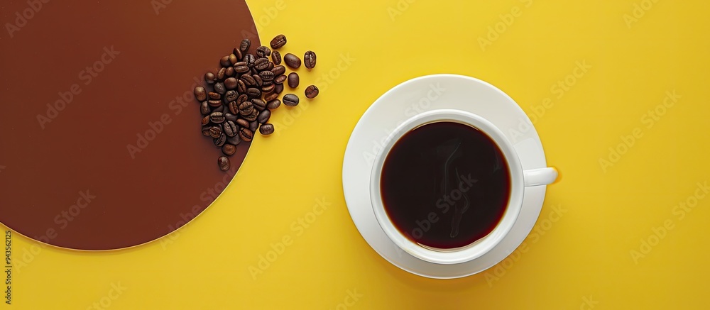 Aufkleber top view of a white coaster next to a coffee cup with coffee beans on a yellow backdrop in this copy