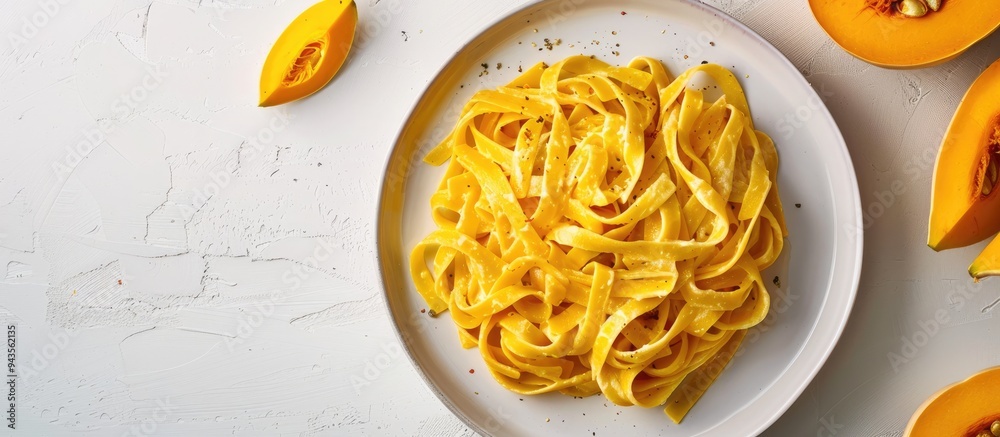 Poster a plate with pumpkin alfredo fettuccine pasta sits on a white background alongside slices of raw but