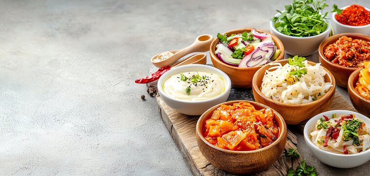 An image showing the process of fermentation, with foods like kimchi and sauerkraut highlighted as contributors to microbiome health Microbiome balance concept.