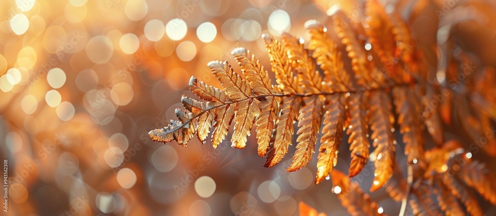 Poster an autumn themed closeup featuring a damp slightly fuzzy dried fern leaf with a brown hue ideal as a