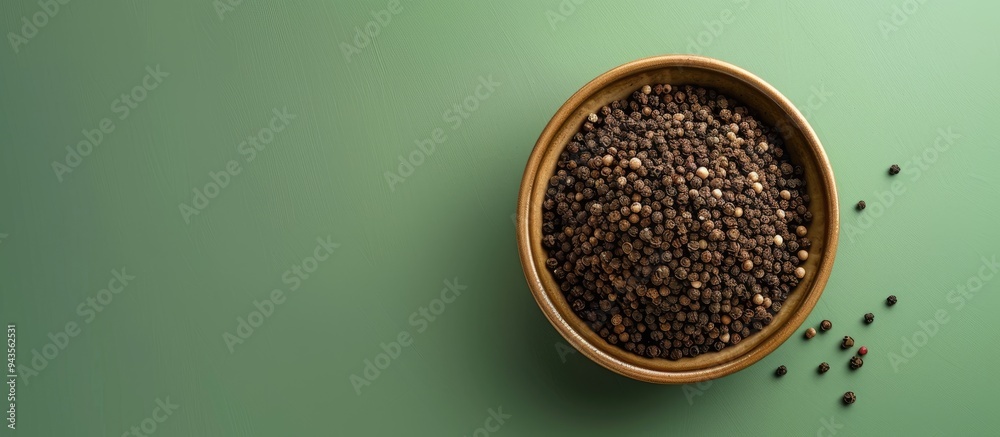 Poster top view of a bowl filled with ground black pepper on a green surface with copy space image