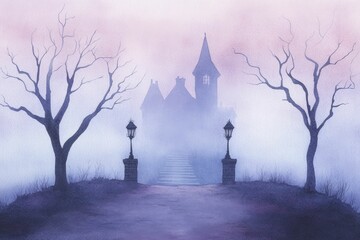 Spooky Haunted Mansion Scene Illustrated in Captivating Watercolors