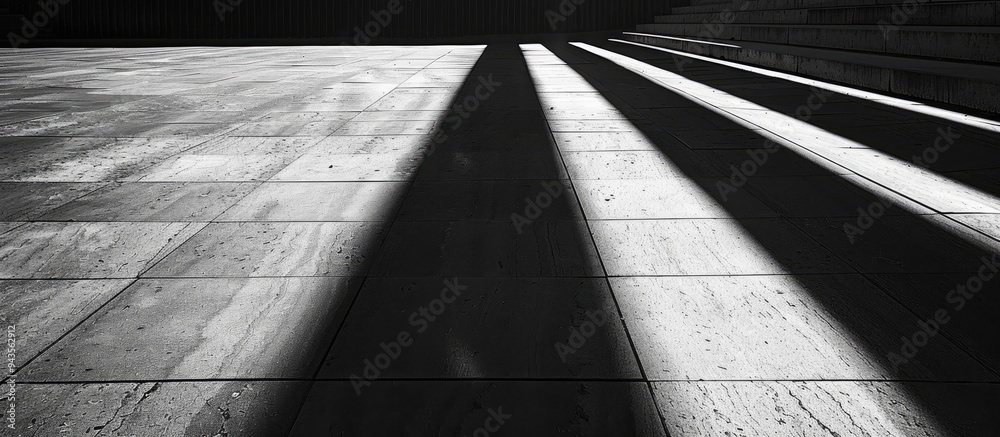 Poster Monochrome tones form long geometric lines in a shadow pattern on the pavement creating an abstract copy space image