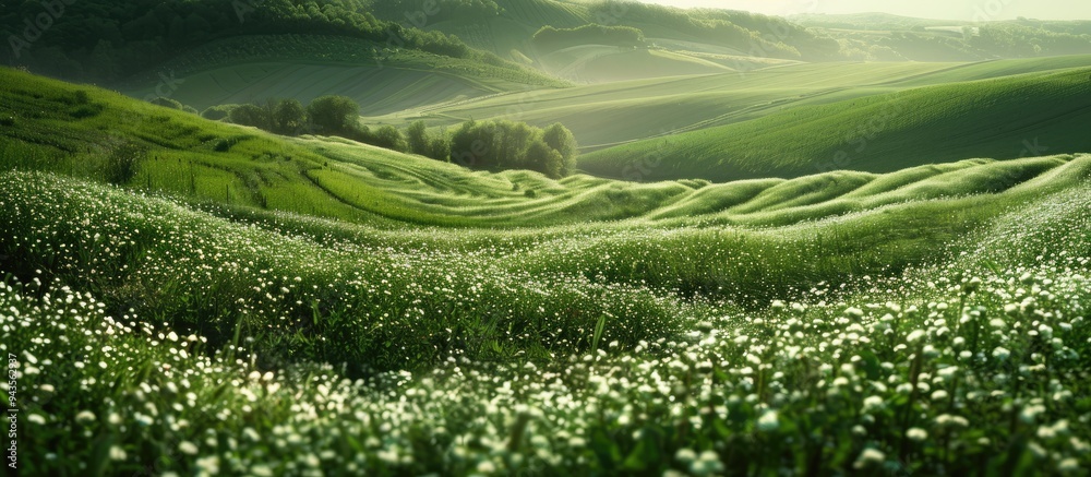 Poster lush green fields of a flower filled farm provide a serene background in the copy space image