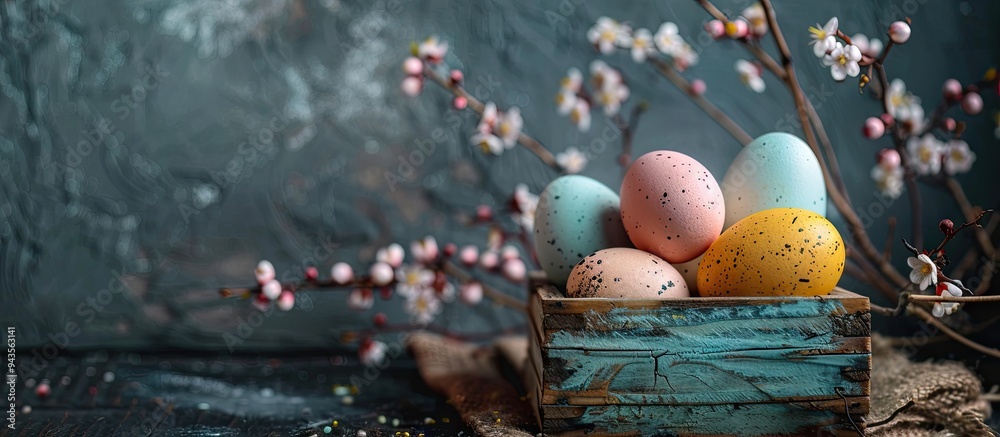 Poster Colorful eggs arranged in a box on a rustic background with copy space image