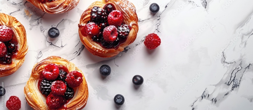 Aufkleber top view of delectable berry filled puff pastries displayed on a white marble surface featuring ampl