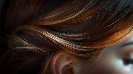Naklejka premium Close-up of brown hair ponytail, detailed hair texture, wispy strands, soft focus background, natural light, rich chestnut and caramel tones, silky smooth hair.