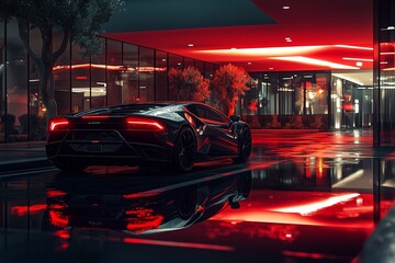 A sports car parked in a modern and luxurious parking lot, reflecting beautiful light