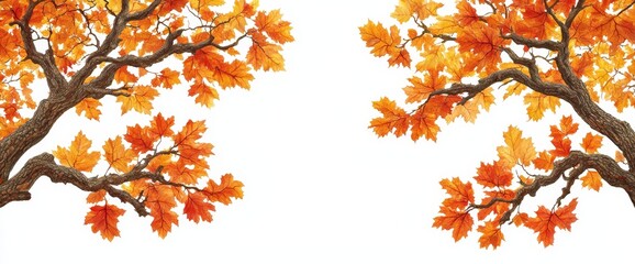 A fall forest landscape with oak leaves. Fall season concept. Copy space. Banner.