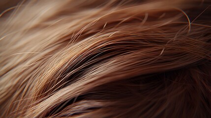 Close-up of brown hair ponytail, detailed hair texture, wispy strands, soft focus background, natural light, rich chestnut and caramel tones, silky smooth hair.