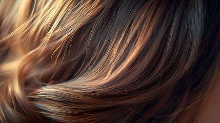 Fototapeta premium Close-up of brown hair ponytail, detailed hair texture, wispy strands, soft focus background, natural light, rich chestnut and caramel tones, silky smooth hair.