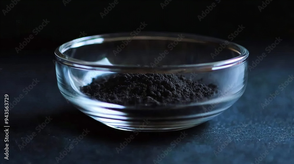 Wall mural Close-up of a glass bowl filled with finely ground black powder against a dark background.